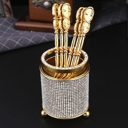 Coffee Spoons Set with Holder, Long Handle Dessert Spoons, Gold Glass Jar with 6 Metal Flatware Spoons