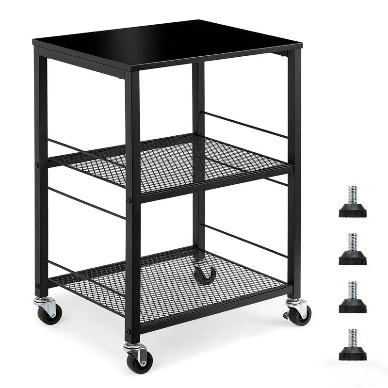 MOOACE 3 Tier End Table with Wheel, Rolling Storage Shelf Side Table Nightstand for Bedroom Kitchen Living Room Office, Stable Metal Frame and Wood Top, Black