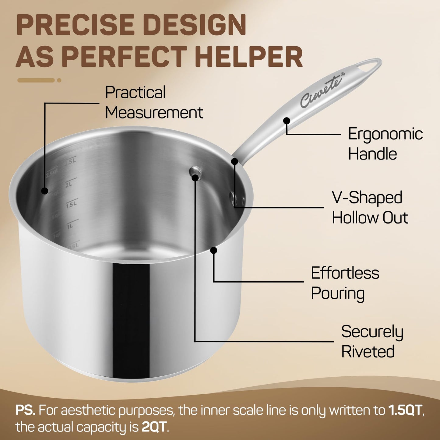 Ciwete 3 Qt Stainless Steel Saucepan with Glass Strainer Lid, 3 Quart Pot Stainless Steel Sauce Pan with Pour Spout, Mirror Polishing, Compatible with All Cooktops Dishwasher Safe Oven Safe