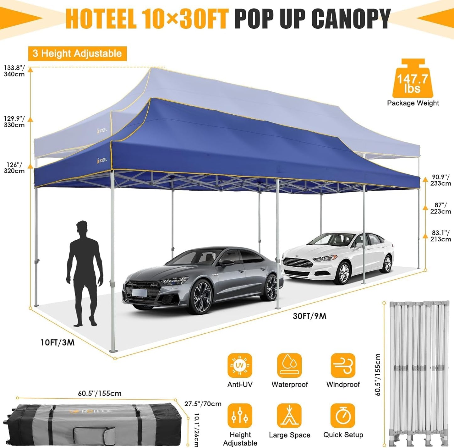 COBIZI 10x30 Heavy Duty Pop up Canopy Tent for Parties with 8 Sidewalls, Easy Setup Outdoor Commercial Gazebo for Wedding Event, Party Tent with Portable Bag & Sand Bags, Blue