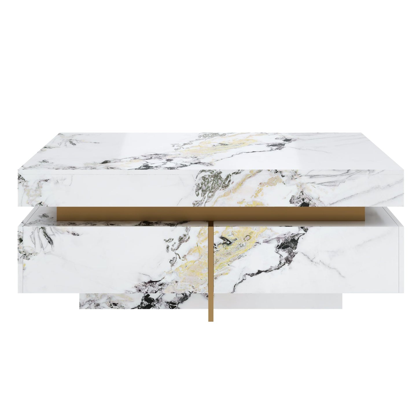 Merax 43.3 Inch Modern Large Square Coffee Table with Marble Textured Top, 4 Built-in Drawers Ample Storage and Floating Suspended Base, Modern Elegance White MDF Storage Center Table for Living Room