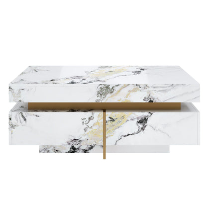Merax 43.3 Inch Modern Large Square Coffee Table with Marble Textured Top, 4 Built-in Drawers Ample Storage and Floating Suspended Base, Modern Elegance White MDF Storage Center Table for Living Room