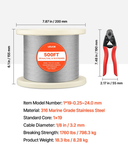 VEVOR 1/8 Inch Wire Rope, 500 ft Length, 316 Stainless Steel Wire Cable with Cutter, 1760 lbs Breaking Strength, 1 x 19 Strands Construction, Steel Cable for Deck Railing System, Garden Trellis