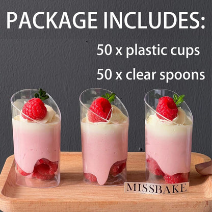 Hiasobre 50 Pack Plastic Dessert Cups with Spoons, 3 oz Clear Mini Parfait Appetizer Cups, Reusable Slanted Triangle Shooter Serving bowls for Tasting, Small Dessert Shot Glasses