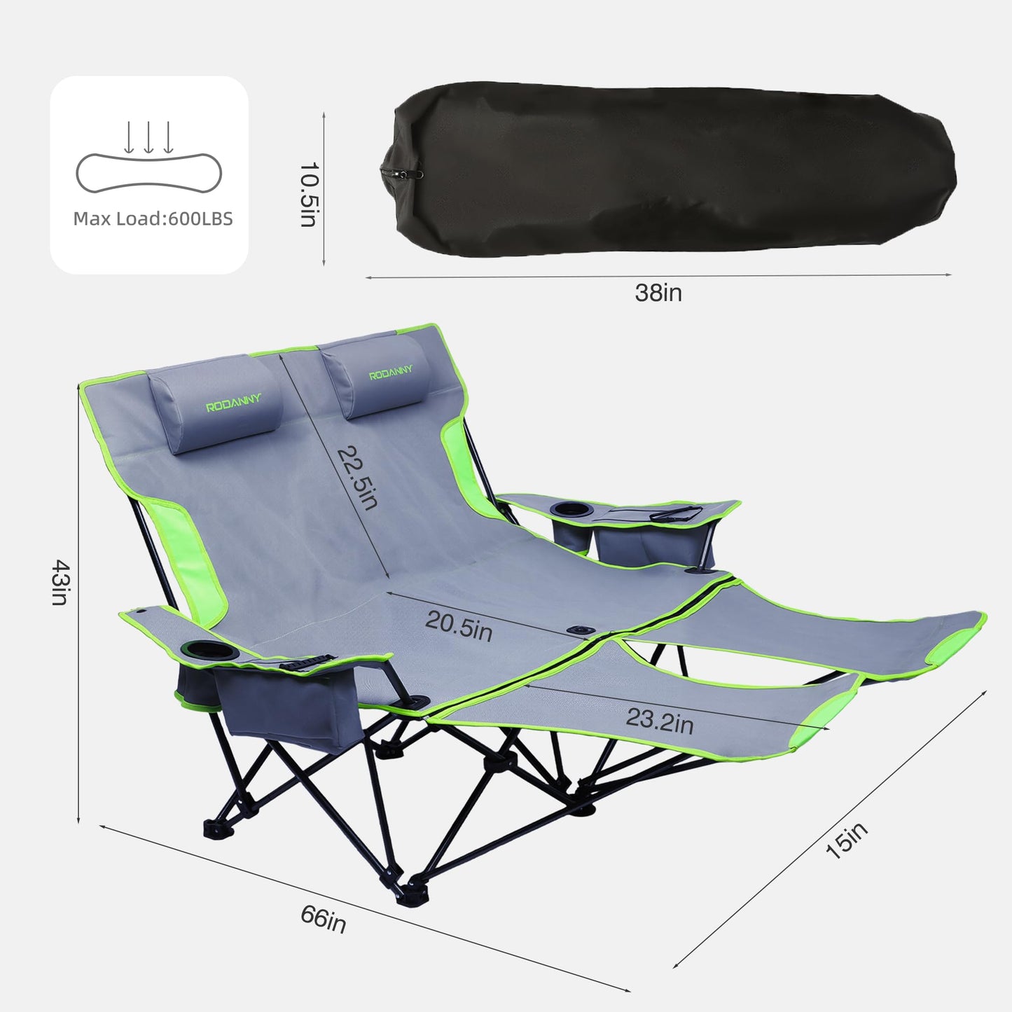 Double Camping Chair,Adjustable Two Person Adjustable Backrest Reclining chairs with Foot Rest,Oversized Folding Camping Loveseat,Office,Beach,Lawn,Headrests,Cooler Bag,Cup Holder,Support 600lbs