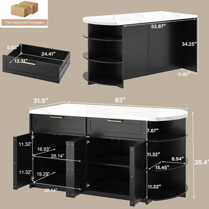 HSH 63” Large Kitchen Island with Seating, White Faux Marble Island Table with 2 Storage Drawers, Cabinets, 3 Open Shelves, Modern Counter Height Stationary Island Prep Table for Kitchen Dining Room