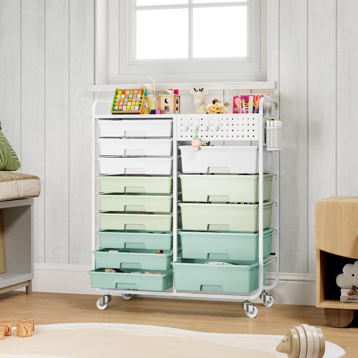 Rolling Storage Cart with 14 Drawers, Storage Organizer Cart with Tabletop and Pegboard,Utility Cart for Living Room, Classroom, Bedroom,Bathroom,Dorm,Office (Green)