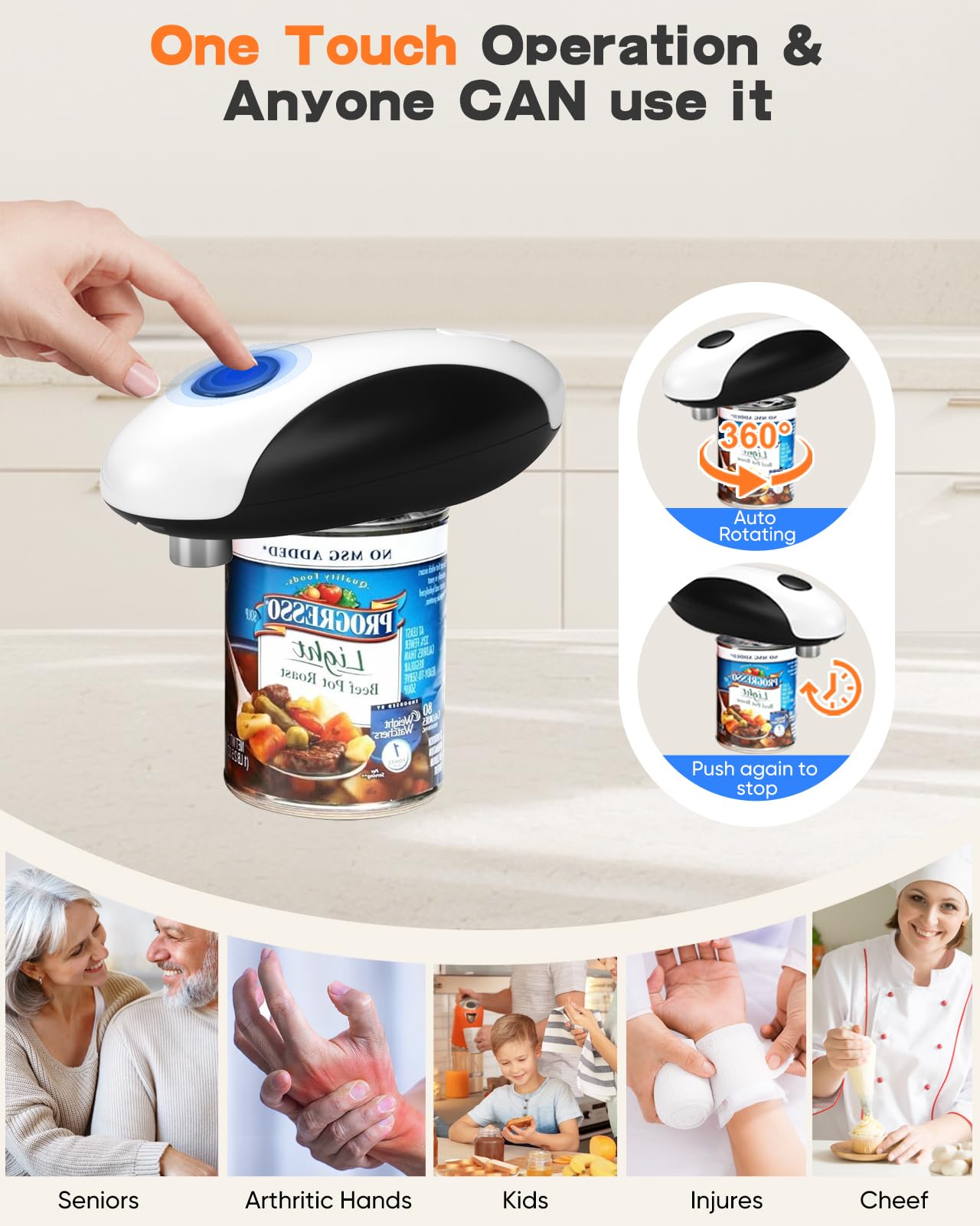 Electric Can Opener, Can Opener Electric Fits All Can Sizes, One Touch USB Rechargeable Automatic Can Opener for Kitchen and Seniors with Arthritis, Chef, Portable Kitchen Gadgets
