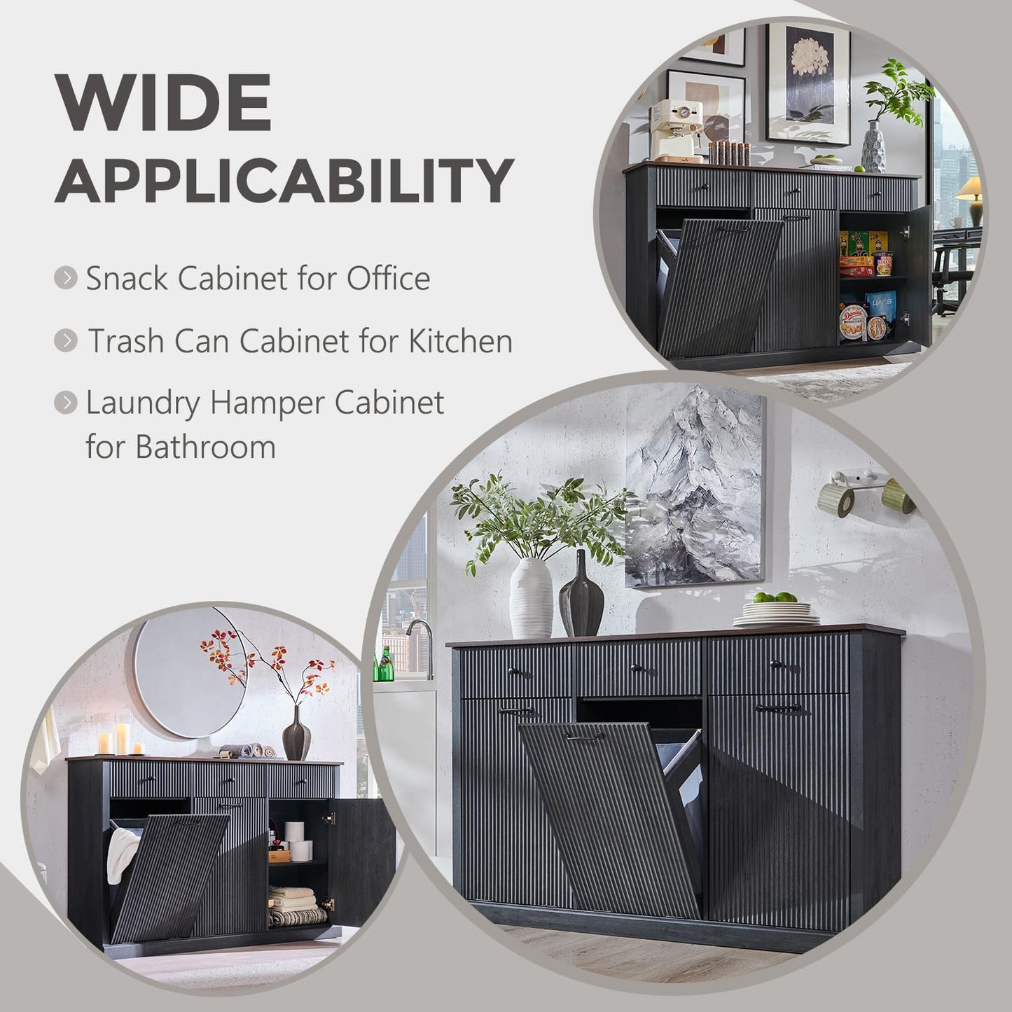 IFGET Triple Tilt Out Trash Can Cabinet, Modern Fluted Laundry Hamper Cabinet with 3 Drawers, 20 Gallon Hidden Wooden Garbage Can Cabinet w/Storage Basket & Adjustable Shelf, for Kitchen, Grey