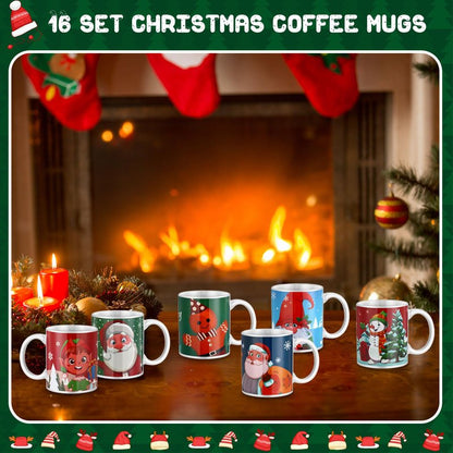 Tioncy Set of 16 Christmas Coffee Mugs Bulk 11 oz Holiday Ceramic Mugs Set with Handles Santa Xmas Tree Snowman Ceramic Coffee for Women Men Christmas Gifts Hot Tea Coffee