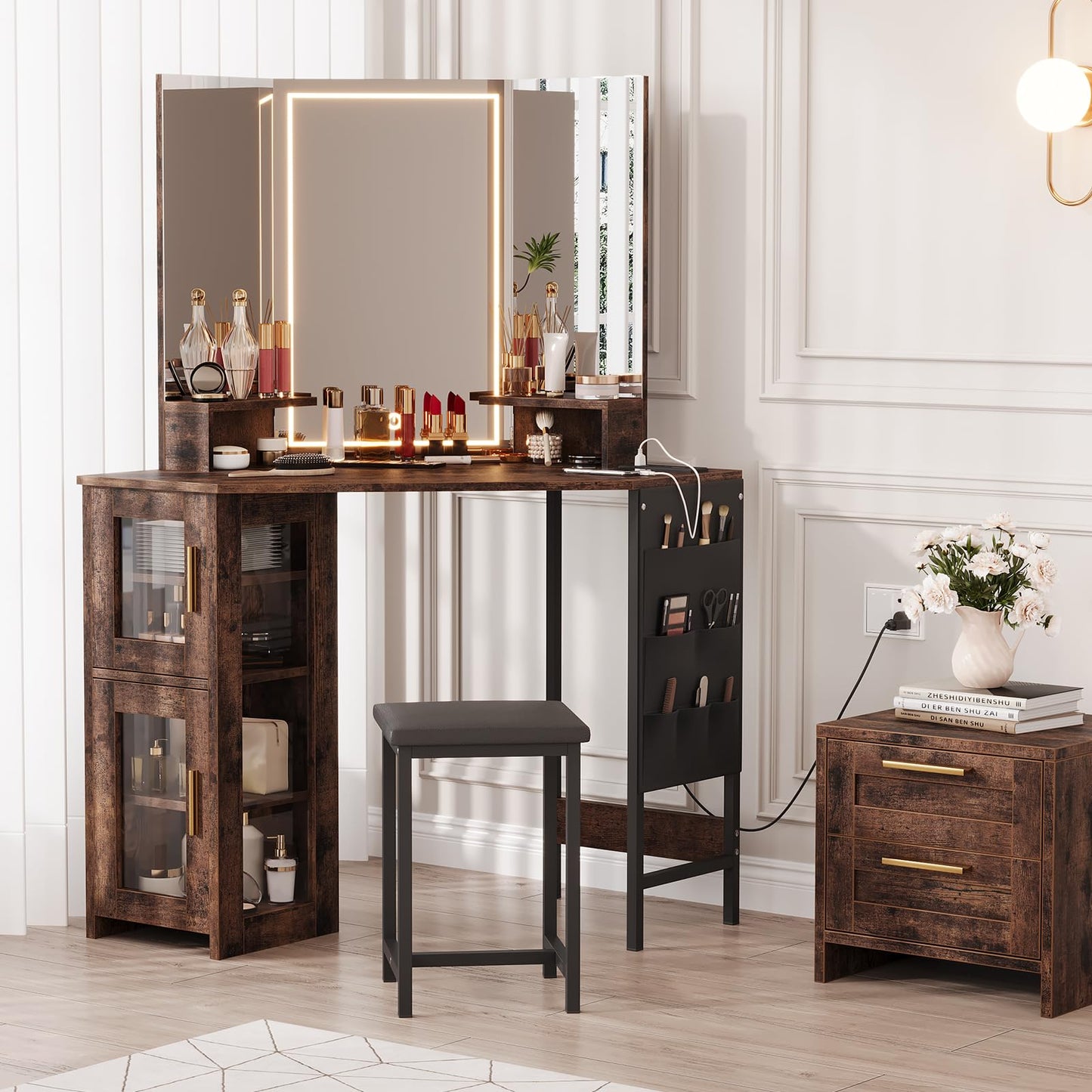 Garvee Corner Vanity Desk and Stool, Corner Makeup Vanity with LED Lighted Mirror Charging Station and Cabinet for Bedroom, Brown