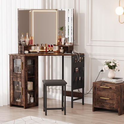 Garvee Corner Vanity Desk and Stool, Corner Makeup Vanity with LED Lighted Mirror Charging Station and Cabinet for Bedroom, Brown