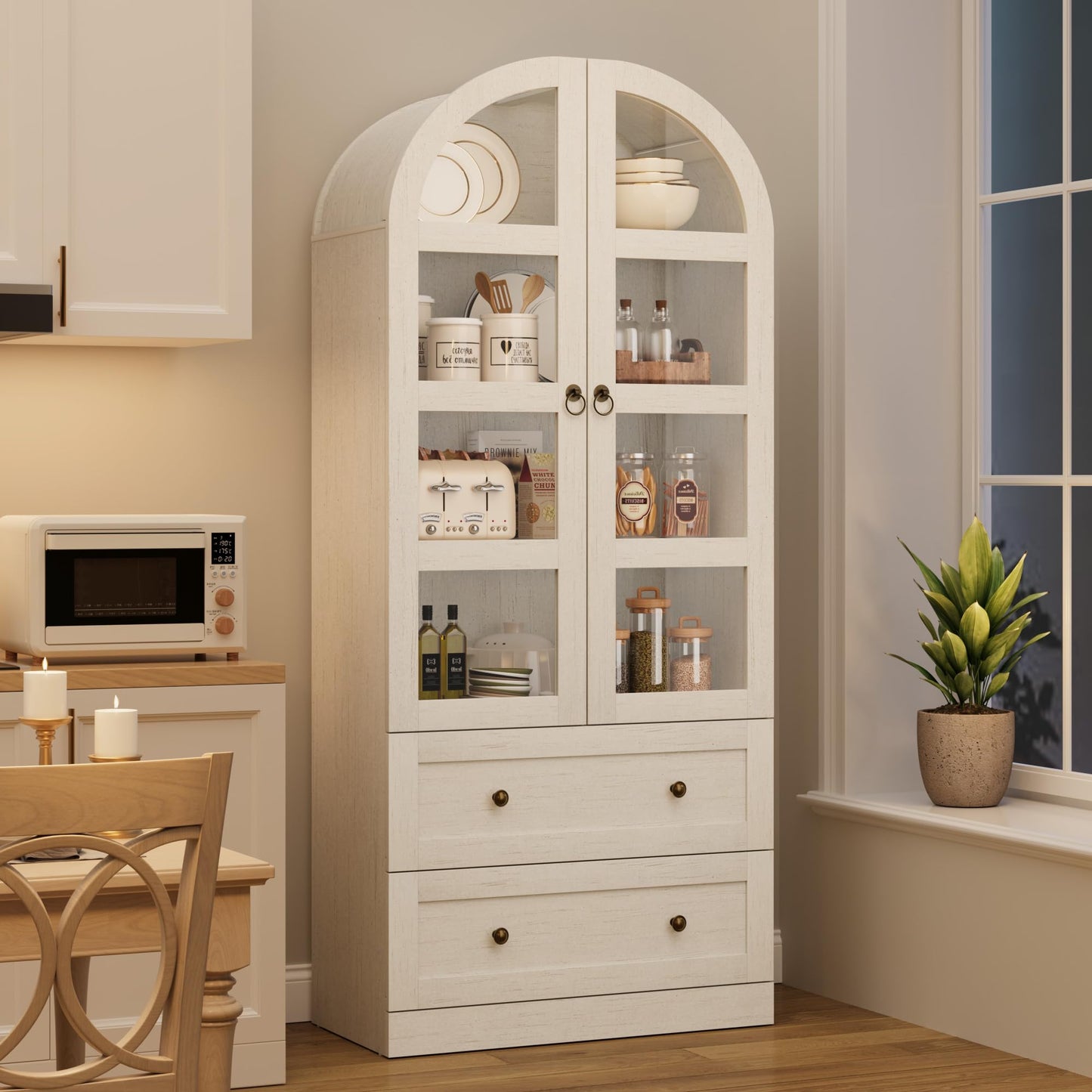 Garvee 72" Tall Dome Bookcase with Drawers, 4-Tier Wooden Bookshelf Cabinet with Glass Door, Farmhouse Arched Cabinet with Display Shelves, Wood Bookcase for Home Office, Living Room, Rustic White
