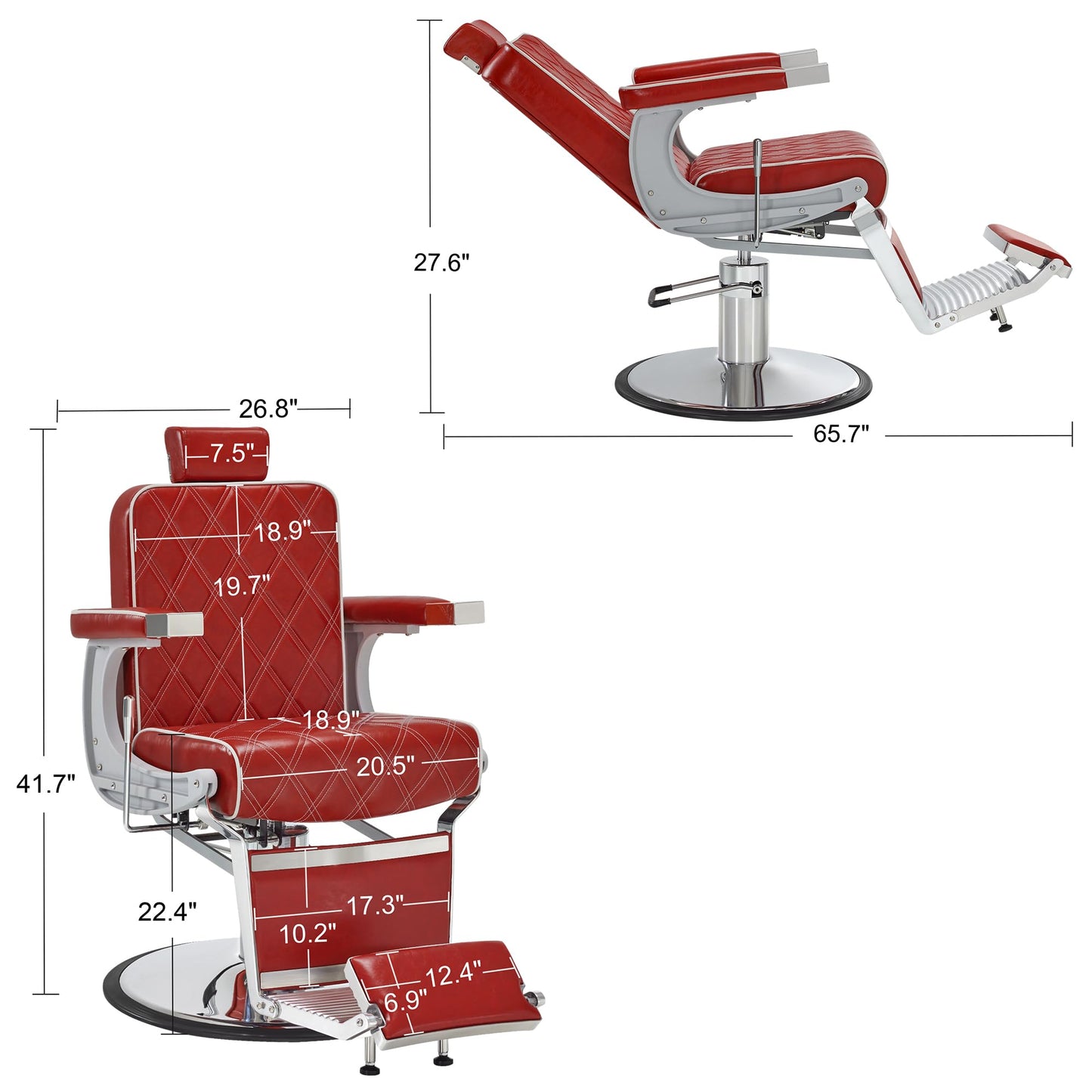 BarberPub Heavy Duty Metal Vintage Barber Chair All Purpose Hydraulic Recline Salon Beauty Spa Shampoo Equipment 3825 (Red with White Stitches)
