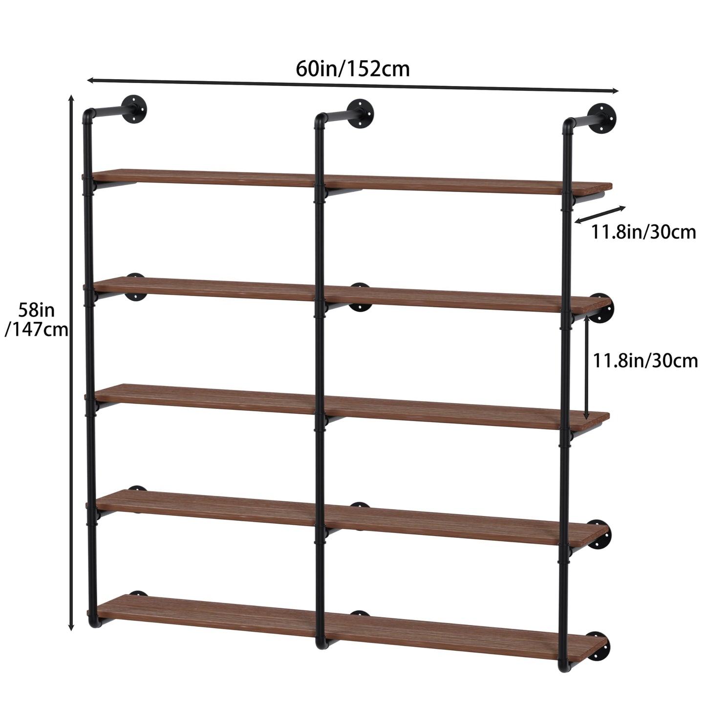 ONOTETUT Industrial Pipe Shelf 5 Tier,60 inch Industrial Wall Shelves with Solid Wood Plank,Pipe Shelving Wall Mounted for Farmhouse,Floating Pipe Book Shelves for Kitchen and Bar Shelving