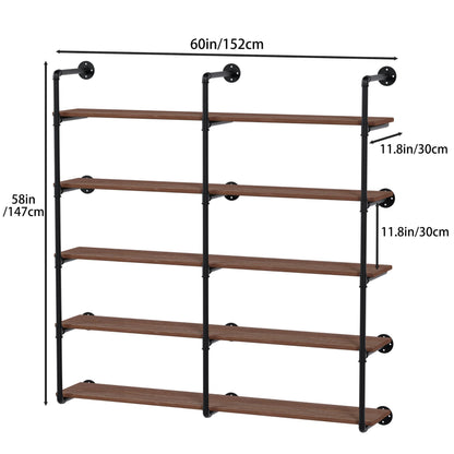 ONOTETUT Industrial Pipe Shelf 5 Tier,60 inch Industrial Wall Shelves with Solid Wood Plank,Pipe Shelving Wall Mounted for Farmhouse,Floating Pipe Book Shelves for Kitchen and Bar Shelving