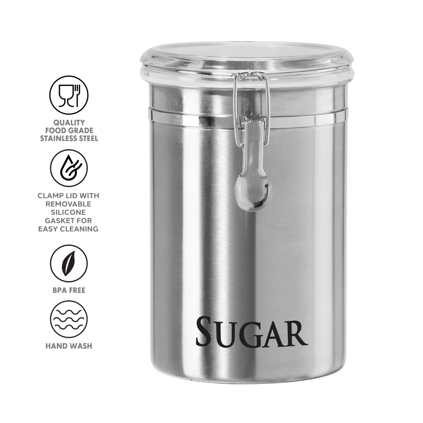 Oggi Stainless Steel Sugar Canister 62 fl oz - Airtight Clamp Lid, Clear See-Thru Top - Ideal Sugar Container for Countertop, Sugar Jar, Bulk Sugar Storage. Large Size 5" x 7.5".