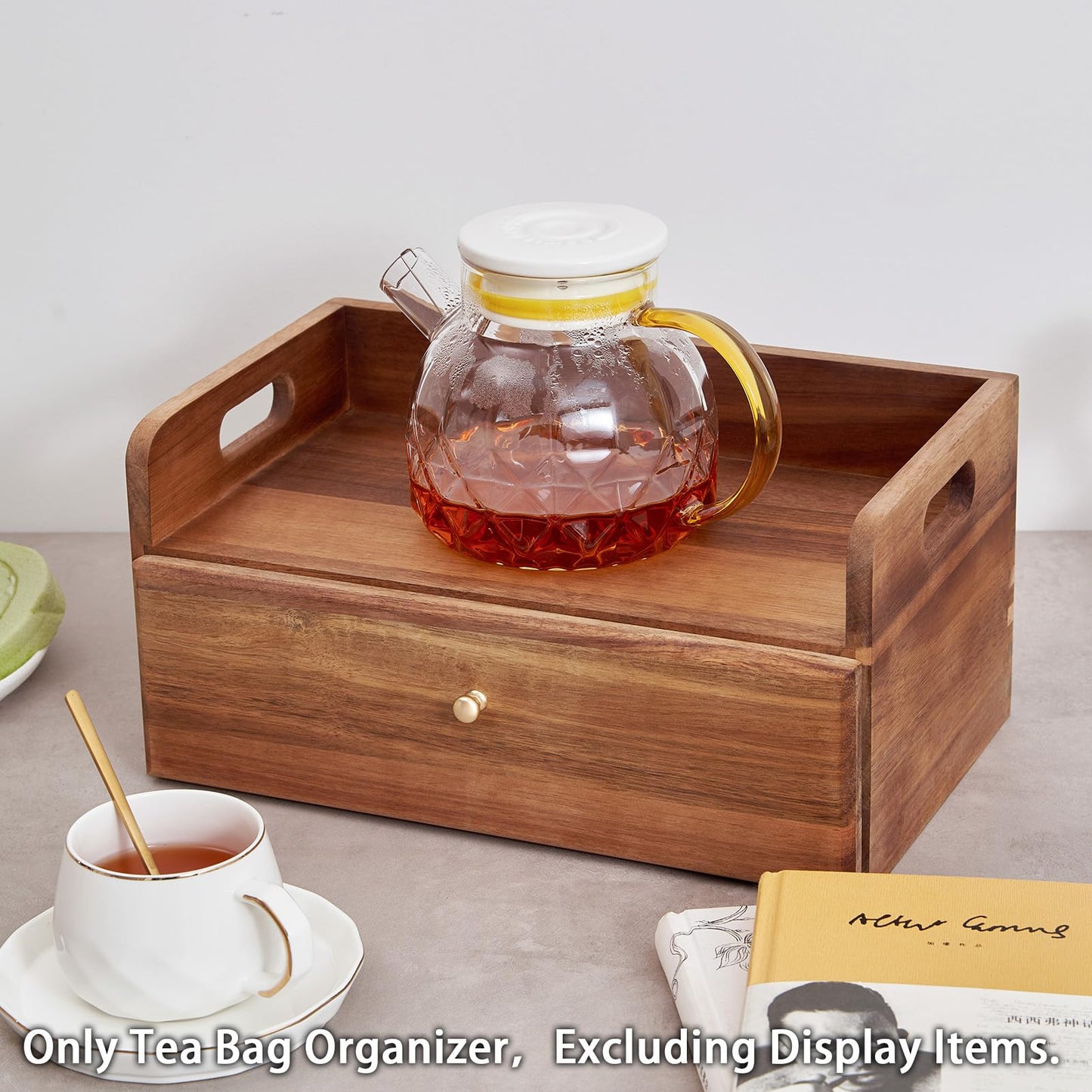 TREELF Acacia Wood Tea Bag Organizer with Drawer - Tea Station Chest and Storage Box, Coffee and Teabag Holder with 8 Compartments, Containers and Boxes for Countertop Display