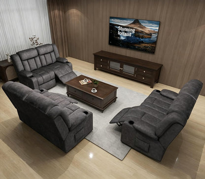 COMHOMA Living Room Furniture Sets Manual Loveseat Recliner,2 Seat Fabric RV Reclining Sofa,Daul Recliner Ergonomic Backrest with Cup Holders & Side Pockets,Dark Gray (Loveseat*3)