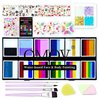 48 Colors Face Painting Kit for Kids & Adults, Non-Toxic Water Based Face Paint Palette with12 Rainbow Split Cakes +4 Sequins Gels, Includes Brush,Stencils,Glow Stickers Halloween Christmas Body Paint
