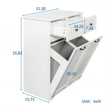 FEBORY White Laundry Cabinet with 2 Removable Hamper Baskets and 2 Drawers, Particle Board and MDF, 31.5 x 15.75 x 35.83 Inches