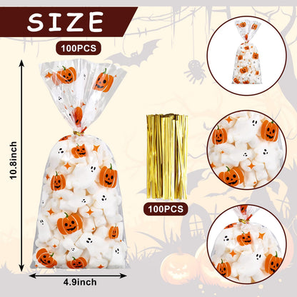 JarThenaAMCS 100Pcs Halloween Cellophane Bags with Twist Ties Ghost Pumpkin Treat Bag Clear Plastic Candy Goodie Bags for Birthday Party Favors Supplies
