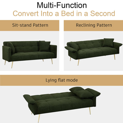 KEIKI Upholstered Loveseat Sofa, 70" Convertible Futon Sofa Bed with Adjustable Arms and Backrest, Removable Pillow Cover, Comfy Cushion, Teddy Fleece Love Seat Couches for Bedroom, Apartment, Green