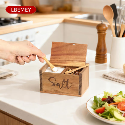 Acacia Wood Spice Box with Lid and Built-in Spoon for Kitchen Countertop, Rectangle Farmhouse Kitchen Decoror for Storing Salt, Peppers, Sugar or Seasonings, Brown (Brown (Labeled - “Salt”))