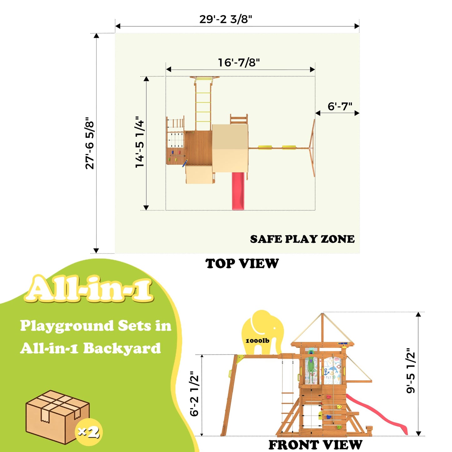 SUNIBOXI Wooden Swing Sets for Backyard, Kids Outdoor Playground Set with Monkey Bars, Slide, Swings, Climbing Ladder, Rock Wall, Picnic Table with Canopy for Ages 3-10