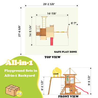 SUNIBOXI Wooden Swing Sets for Backyard, Kids Outdoor Playground Set with Monkey Bars, Slide, Swings, Climbing Ladder, Rock Wall, Picnic Table with Canopy for Ages 3-10