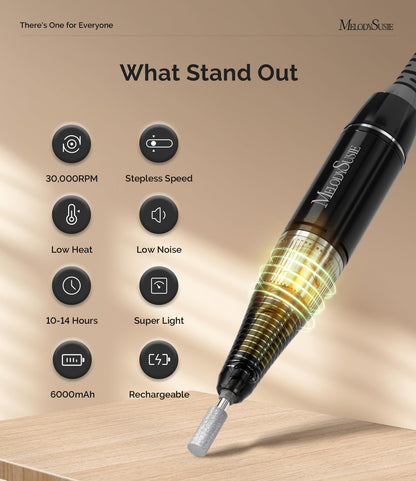 MelodySusie Professional Rechargeable 30000 RPM Nail Drill,SC320H Portable Electric E File Scamander, Acrylic Gel Grinder Tools with 6 Bits and Sanding Bands for Manicure Pedicure Carve Polish(Black)
