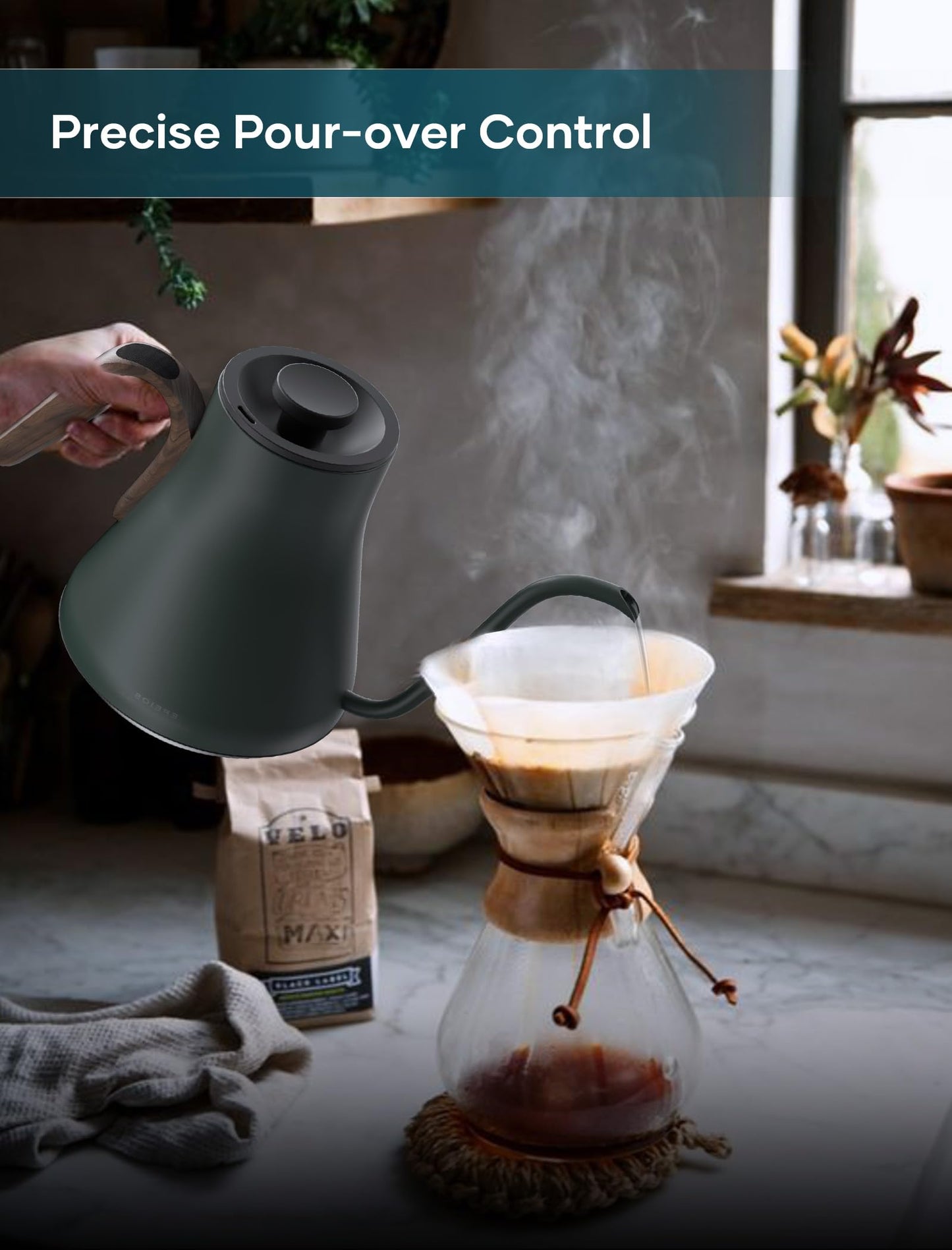 INTASTING Gooseneck Electric Kettle with ±1℉ Temperature Control for Pour Over Coffee & Tea, Quick Heating, BPA-Free Stainless Steel, Built-in Brew Timer, 1500W/0.9L (Forest Green)