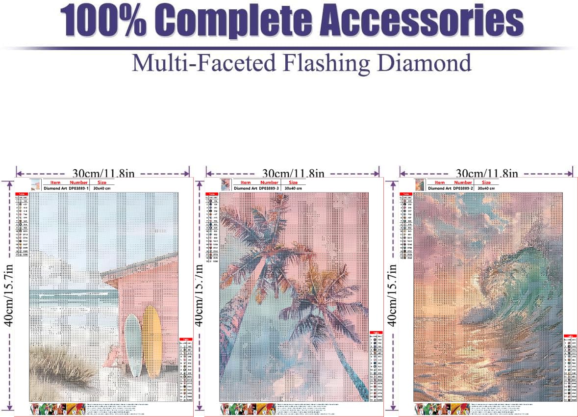 WUDWL 3 Pack Diamond Art Kits for Adults Beginner, DIY Beach Painting Diamond Painting Kits 5D Diamond Dots Gem Art Crafts with Tools,Round Full Drill Funny Crafts for Home Wall Decor&Gift-12x16in