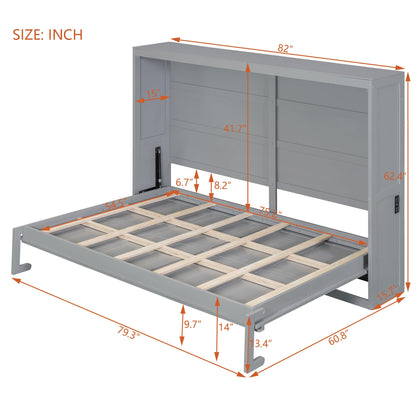 Ball & Cast Murphy Bed Full Size,Wall Beds with Charging Station and Storage Top,Slat Support,Wood Hideaway Cabinet Bedframe w/Leg,can be Folded,Space-Saving,for Small Room,Dorms,Gray