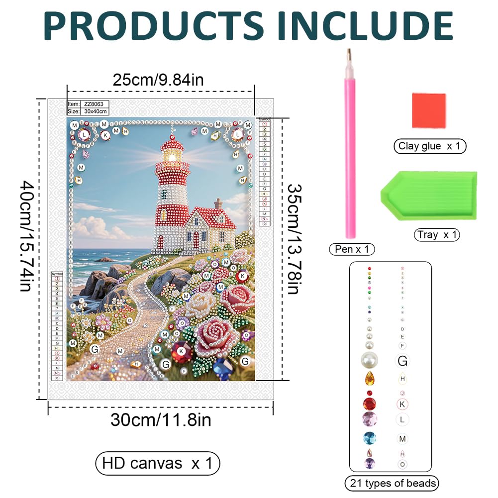 DIADAY 5D DIY Pearl Painting Kit for Adults, Lighthouse Pearl Art with Diamond Special Shape Rhinestones Accents, 3D Relief Beads Craft Home Wall Decor Gift, 12 x 16 Inches