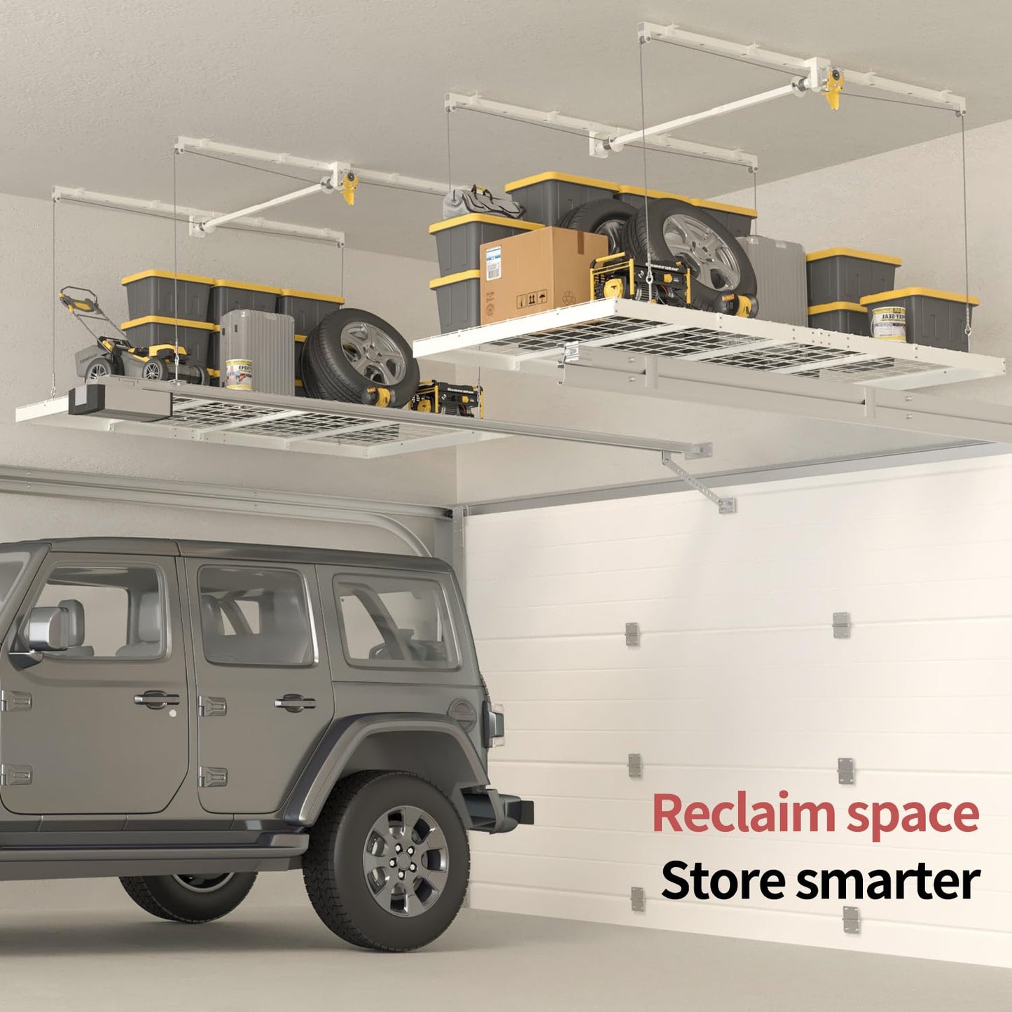 Garage Ceiling Storage Racks – 4x8 FT Overhead Garage Storage Rack with Safety Lock, Heavy-Duty Ceiling Mounted Lift System and Storage Organizer, Ideal for Maximizing Overhead Space, 325 lbs Capacity