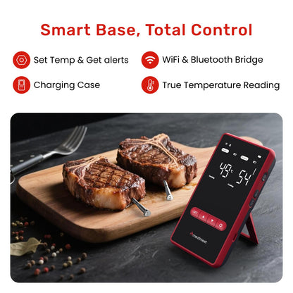 Meatmeet Wireless Meat Thermometer Digital with Dual Wi-Fi & Bluetooth, Meat Thermometer Wireless with 2 Probes, LED Display Base, 6 Sensors, IP69 Waterproof, for Grills, Ovens, Smokers & BBQs (X Pro)
