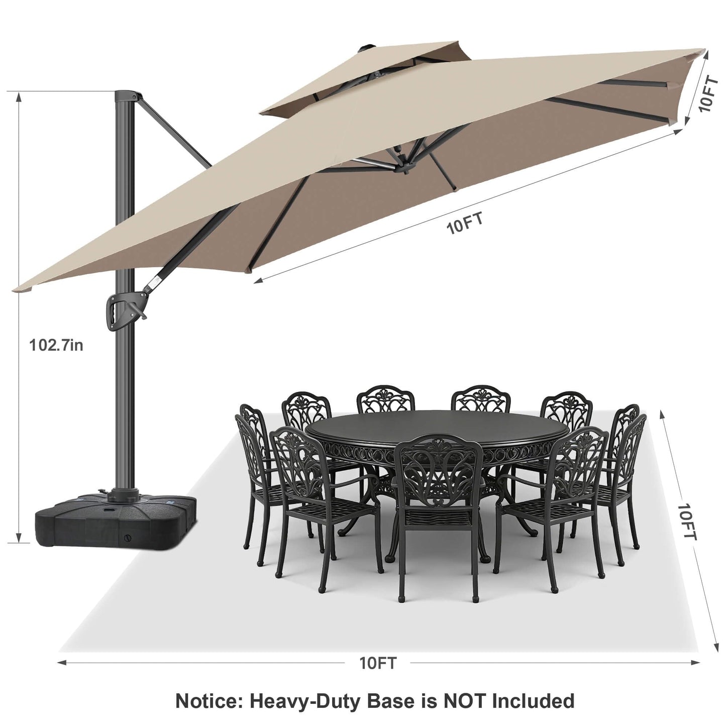 FLAME&SHADE 10 X 10 FT Cantilever Patio Umbrella - Large Square Offset Umbrella Outdoor Patio with 360-Degree Rotation and 3-Year Fade Resistance Fabric for Deck Pool Backyard Garden (Taupe)