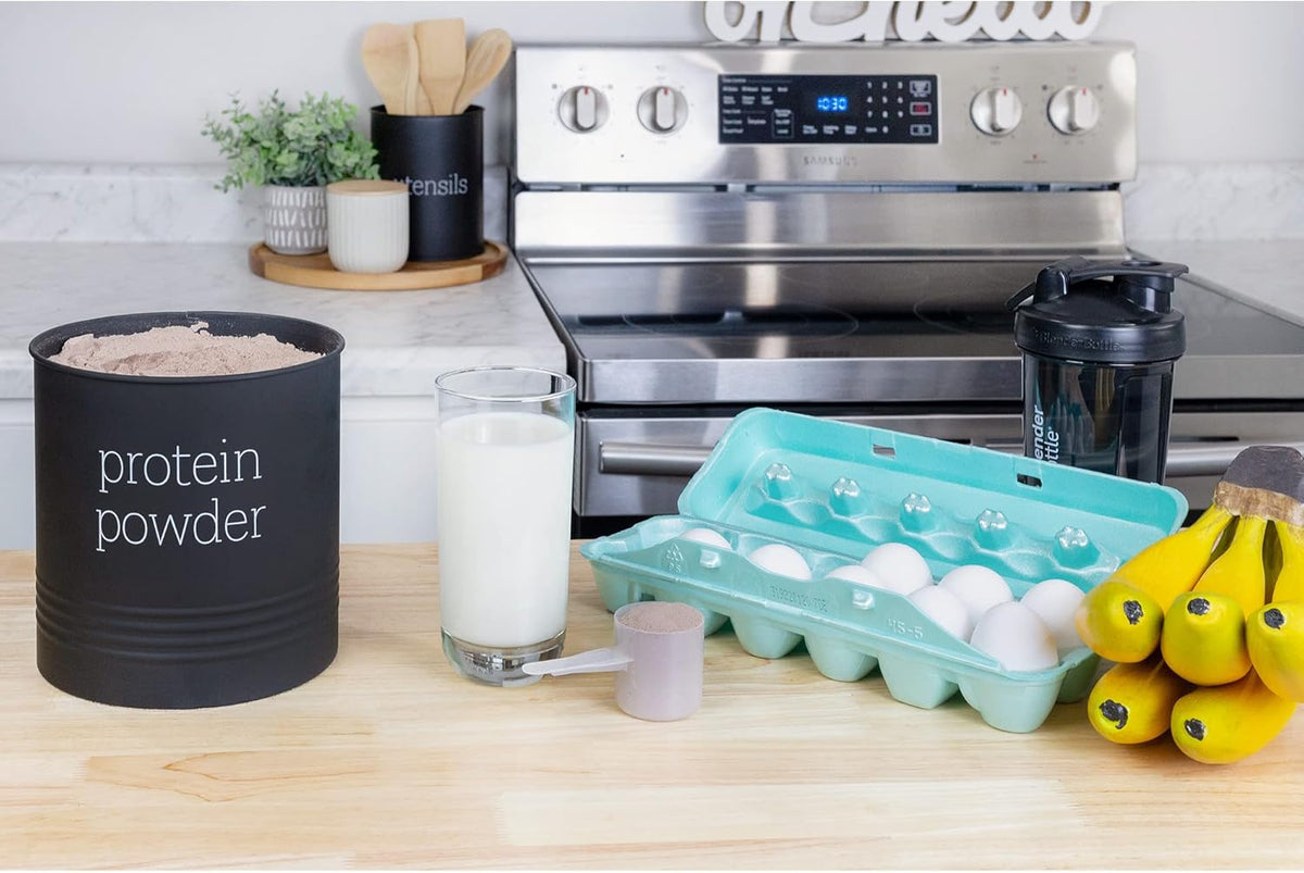 AuldHome Enamelware Protein Powder Canister (Black), Modern Farmhouse Style Storage for Kitchen