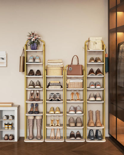 6 2 SR04213A Hzuaneri Tiers Vertical Shoe Rack, Narrow Shoe Tower, Tall Shoes Shelf with Hooks, Adjustable Shelves