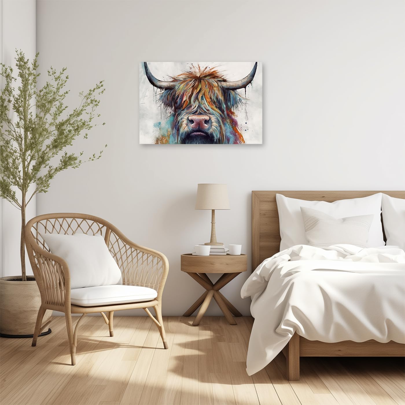 CCWACPP Highland Cattle Canvas Wall Art, Colorful Cow Painting Print, Rustic Farmhouse Decor Frame (12x18inch)