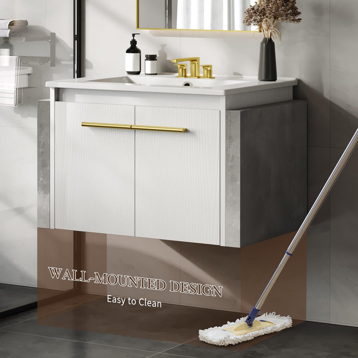 YITAHOME Bathroom Vanity 24 Inch White Soft-Closing Double Extra Large Doors Bathroom Floating Modern Vanity
