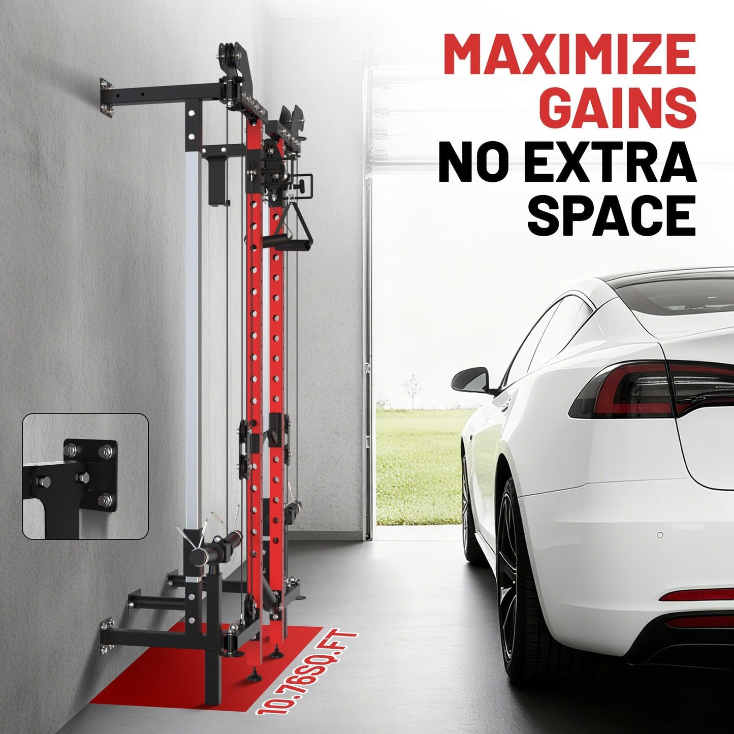 GarveeHome Folding Squat Rack, Wall Mounted Power Rack with Dual Pulley System & Pull Up Bar, Fitness Equipment for Home Gym, Garage, Apartment