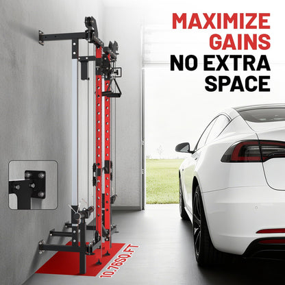 GarveeHome Folding Squat Rack, Wall Mounted Power Rack with Dual Pulley System & Pull Up Bar, Fitness Equipment for Home Gym, Garage, Apartment