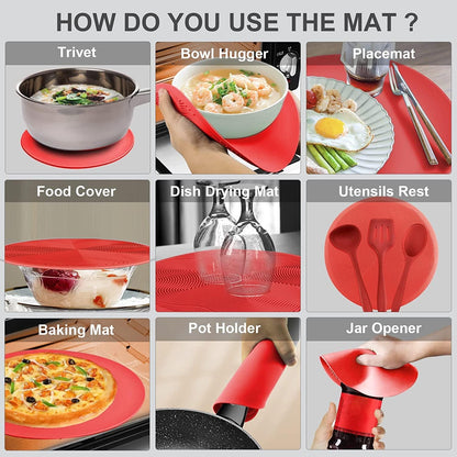 2 in 1 Aidacom Microwave Mat & Food Cover - 12" Mat as Bowl Holder, Silicone Trivet, Pot Holders, Drying, Baking, Red