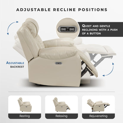 Lexicon Wall Hugger Power Double Reclining Sofa with Center Drop-Down Table, Faux Leather Home Theater Seating with LED Lighting/USB Charging Ports/Wireless Charger/Cup Holders, Magazine Pocket, Beige