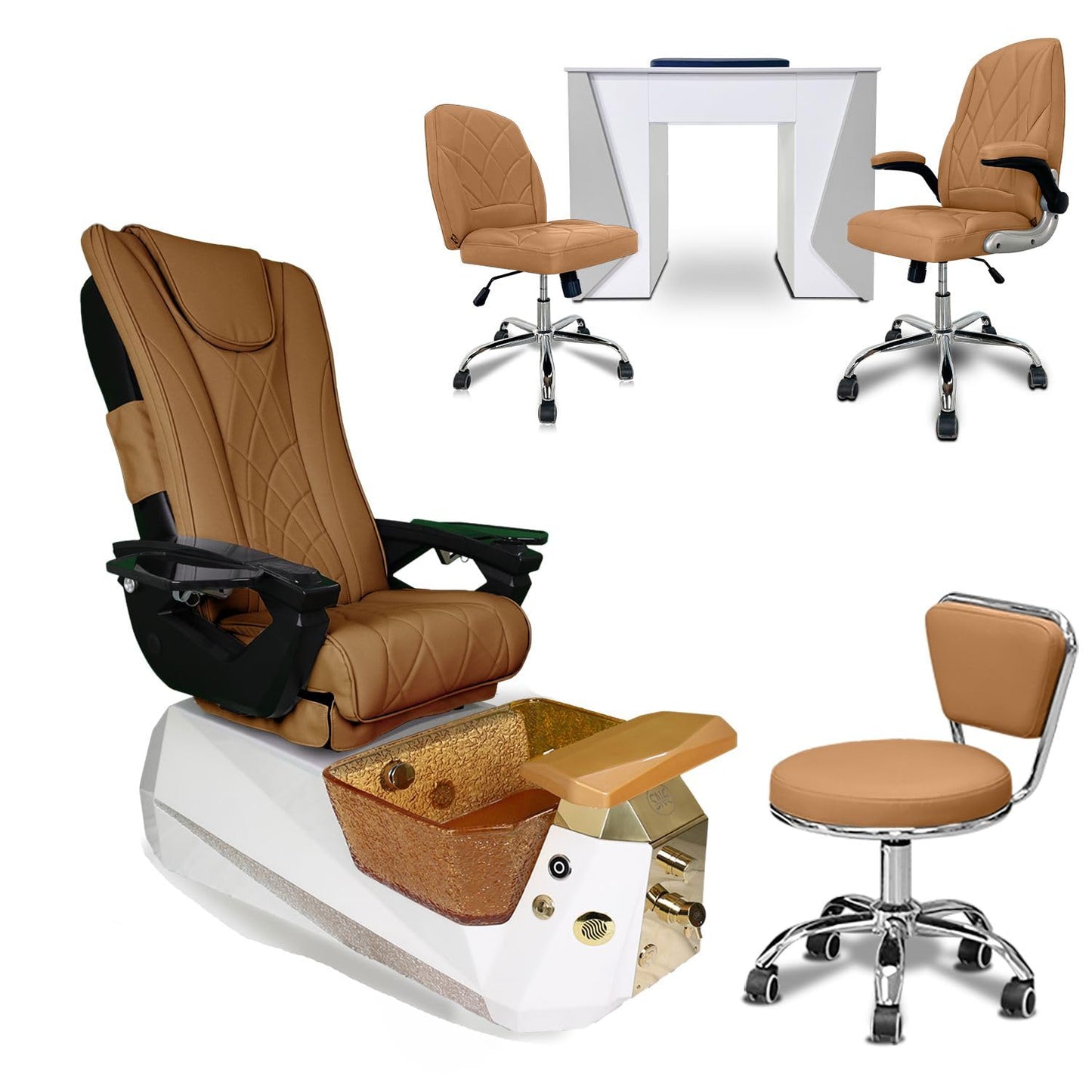 Galaxy Professional Nail Salon Furniture Set – Luxury Pedicure Spa Chair, Manicure Table & Technician Stools (Capuchino Set, Grey Table)