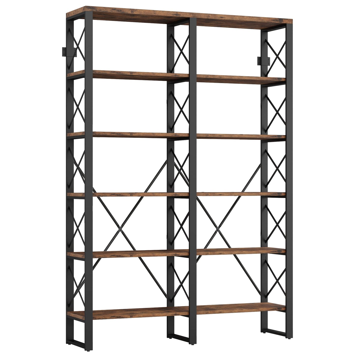 IRONCK Bookshelf Double Wide 6-Tier 76" H, Open Large Bookcase, Industrial Style Shelves, Wood and Metal Bookshelves for Home Office, Easy Assembly