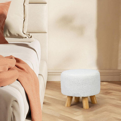 Homebeez Round Ottoman Stool Fabric Foot Rest, Faux Fur Small Footstool with Non-Skid Legs (Teddy White)