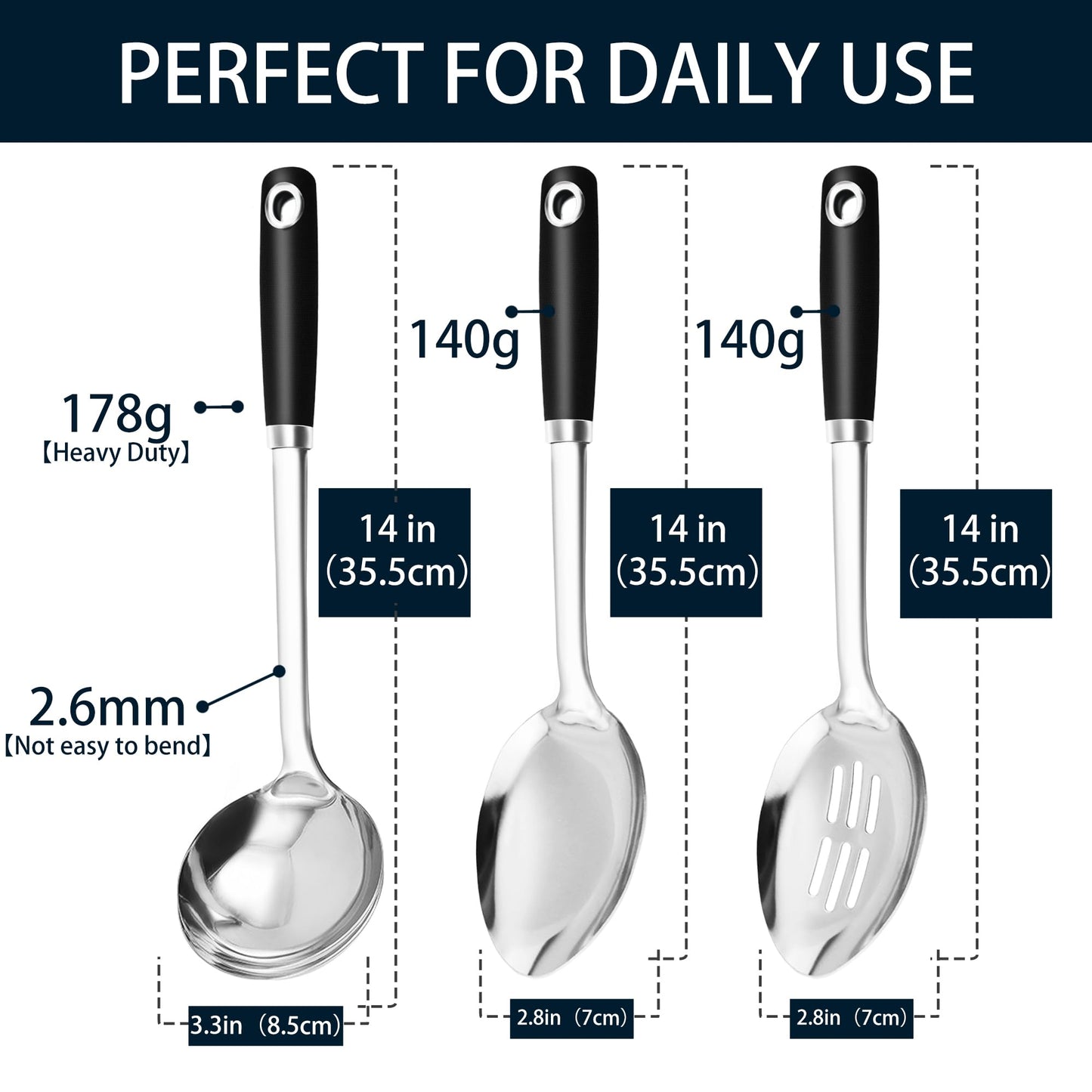 MUJINON 14-in Cooking Spoons Set, Heavy Duty 18/0 Stainless Steel Large Serving Spoons Set, Slotted Spoon, Cooking Spoon & Soup Ladle, Commercial and Residential Use, Pack of 3
